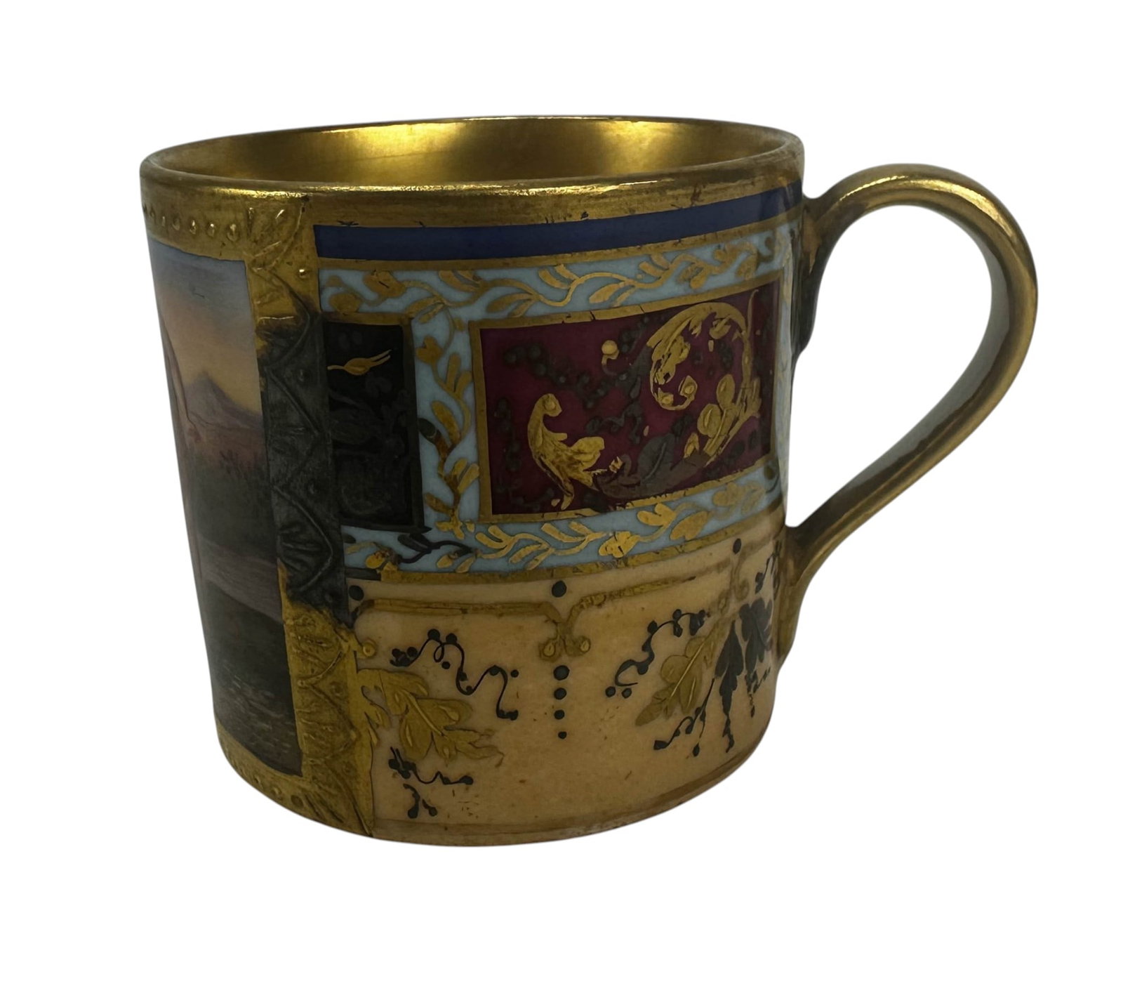 Antique Royal Vienna Porcelain Figural Scenic Cup: Antique late 19th century porcelain cabinet cup of cylindrical form with a gilt loop handle. Richly decorated with a finely hand painted classical figural scene depicting three figures in an Arcadian 