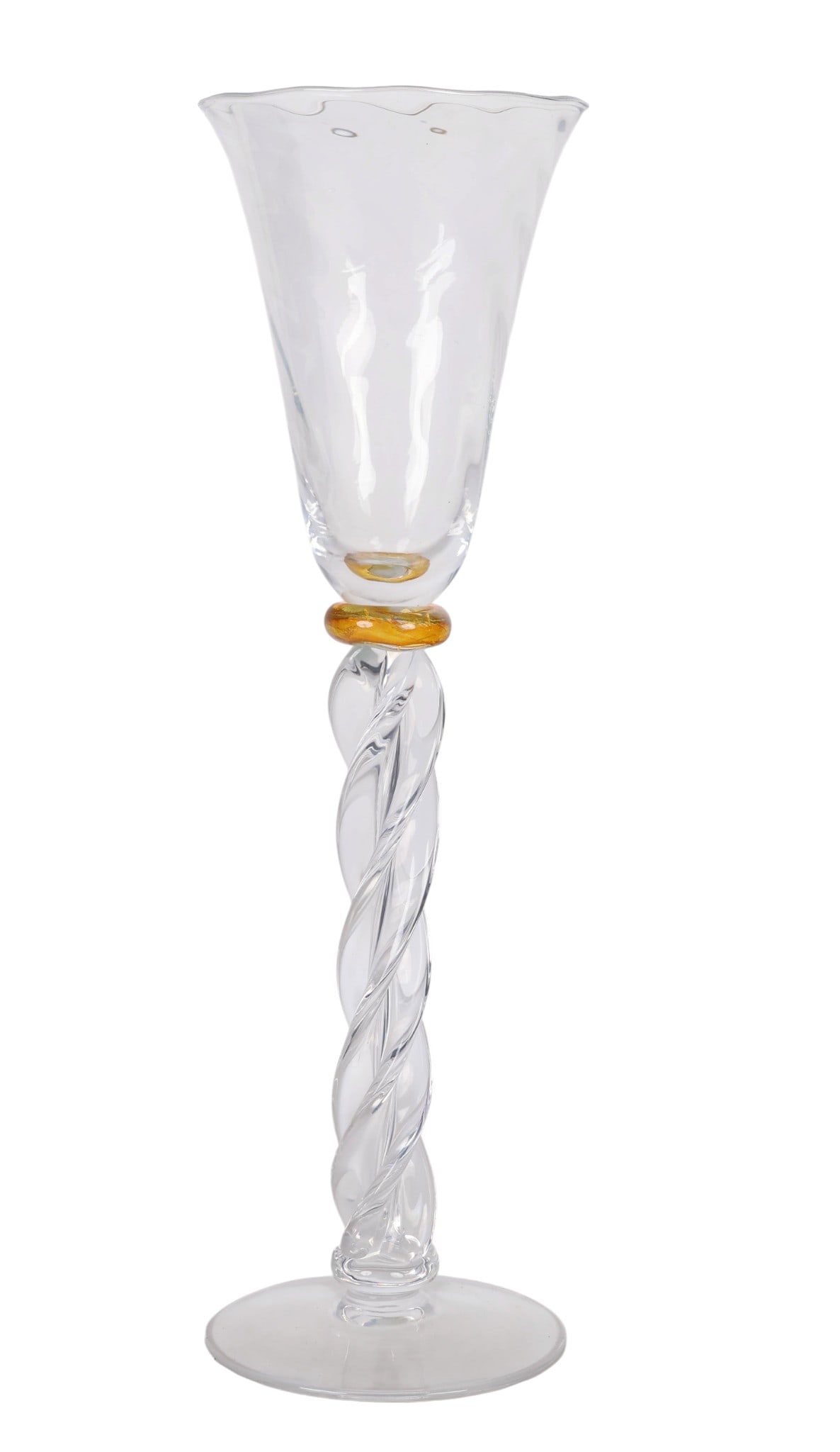 Rosenthal Borek Sipek 1949-2016 Art Glass Goblet: Rosenthal Studio Line art glass goblet designed by Borek Sipek (Czech, 1949-2016). It features a twisted stem and a clear bowl with amber accent elements. The piece is signed Rosenthal Studio Line wit