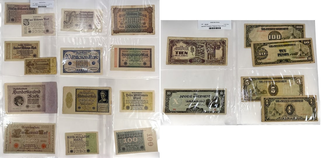Japanese & Weimar Hyperinflation Banknotes 20pcs: Collection of six Japanese Government occupation banknotes issued for circulation in the Philippines during World War II. Lot includes denominations of 1 Peso, 5 Pesos, 10 Pesos, and 100 Pesos, includ
