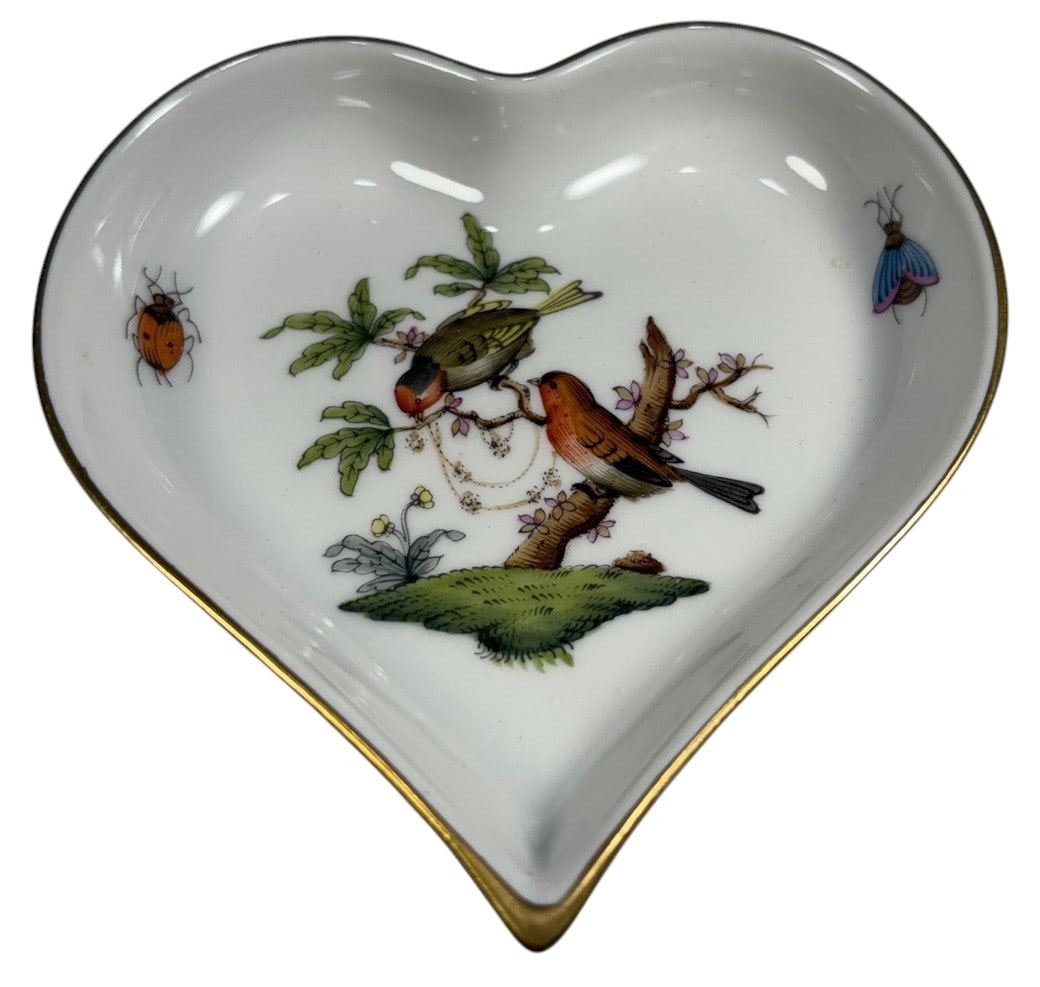 Herend Hungary Rothschild Bird Heart-Shaped Dish: Herend Hungary hand-painted porcelain heart-shaped dish in the Rothschild Bird pattern, decorated with a pair of birds perched among flowering branches and scattered insects, with gilt rim. Marked to 