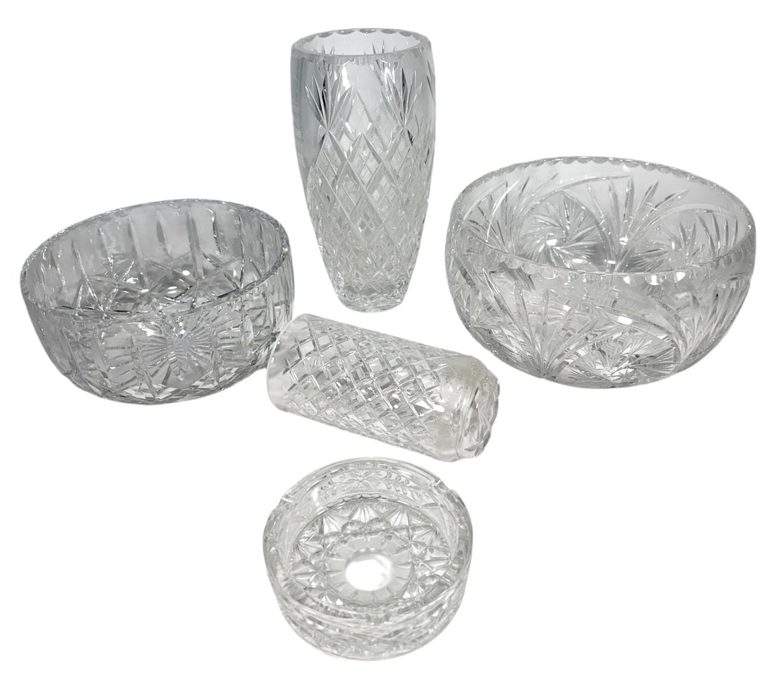 Assorted Cut Glass Vase, Bowl & Ashtray 5pc LOT (1 of 7)