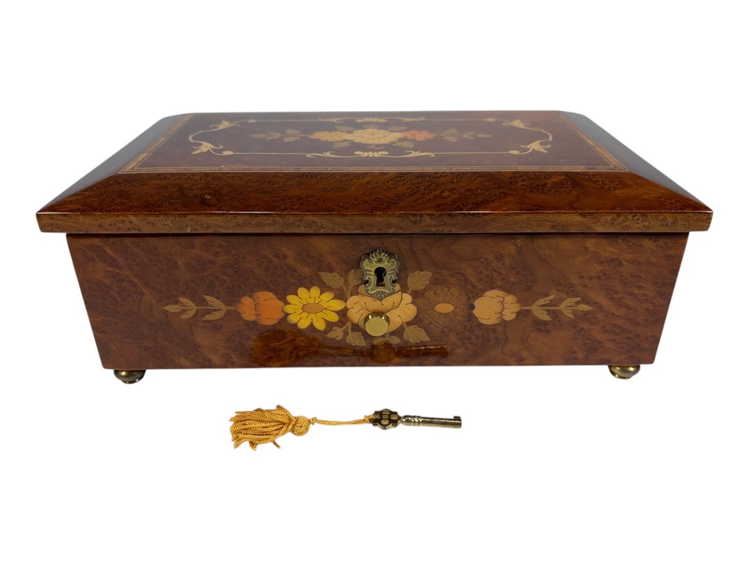 Italian Floral Inlaid Burl Wood Cylinder Music Box (1 of 9)