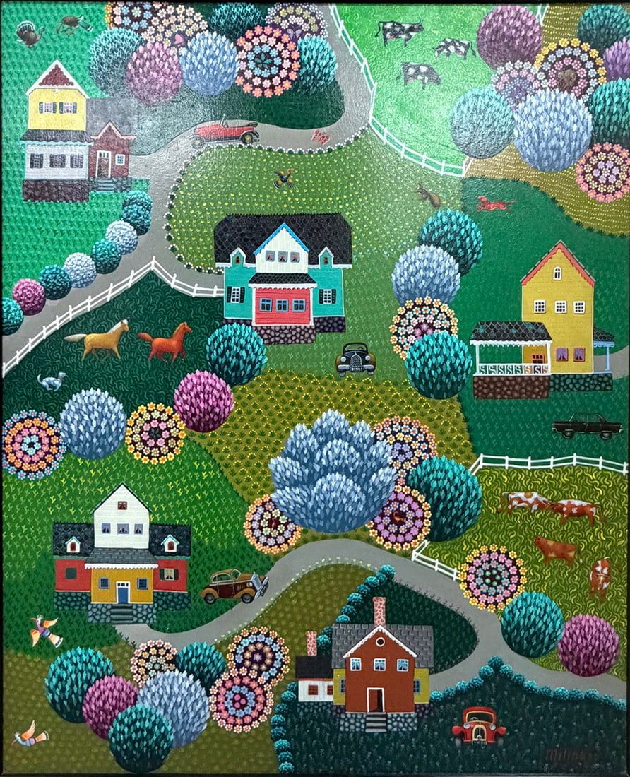 Ljubomir Milinkov (Serbian, b. 1938) Art Landscape: Framed oil on cardboard by Ljubomir Milinkov (Serbian, b. 1938), a self-taught artist who developed much of his career in Paris and the United States. The work depicts a colorful pastoral village land