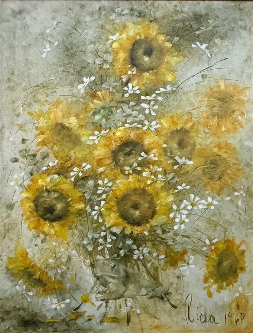 Mid-Century Floral Still Life, 1968 Oil on Canvas: Mid-century oil on canvas depicting a floral still life of large yellow sunflowers with small white blossoms and muted green foliage against a soft neutral background. Signed and dated 1968 at the low