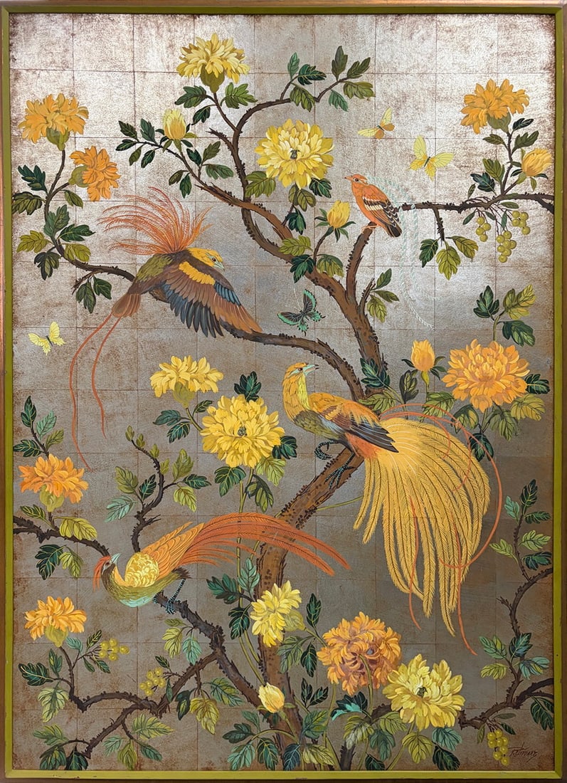 P. Chivarz Birds & Flowers Oil on Hardboard: Framed oil on hardboard painting by P. Chivarz depicting exotic birds among flowering branches, butterflies, and foliage, rendered in yellow, orange, green, and brown tones against a silver-gray backg