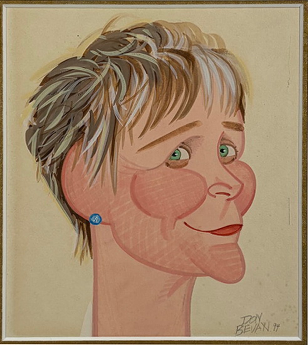 Don Bevan 1994 Glenn Close Caricature Art Work: Original caricature portrait by Don Bevan, dated 1994, probably inspired by actress Glenn Close. Executed in watercolor and/or gouache on paper, the portrait depicts a woman in three-quarter view with