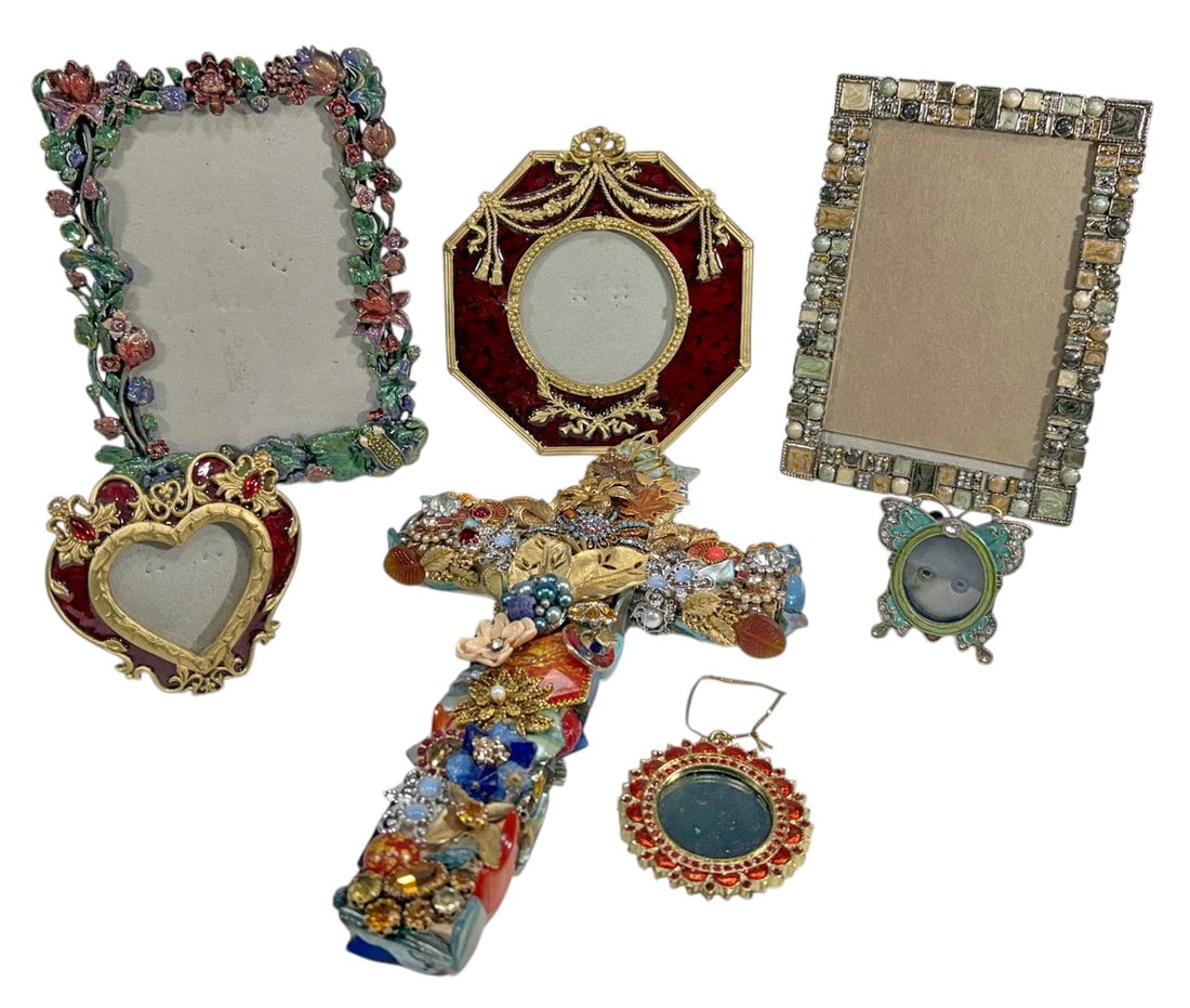 Assorted Jay Strongwater Style Jeweled Frames 7pcs: Seven-piece lot of decorative tabletop picture frames in the style of Jay Strongwater, featuring ornate metalwork with colorful enamel, rhinestones, faux pearls, glass-like stones, floral motifs, and 