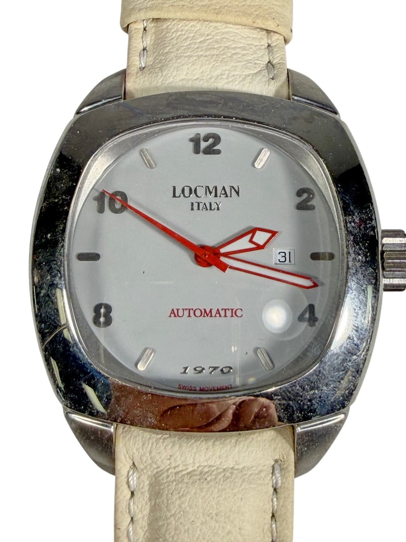 Locman Italy 1970 Automatic Leather Wristwatch: Locman Italy automatic wristwatch featuring a polished cushion-form stainless steel case, white dial, red skeletonized hands, applied Arabic numerals and hour markers, and a date aperture at 3