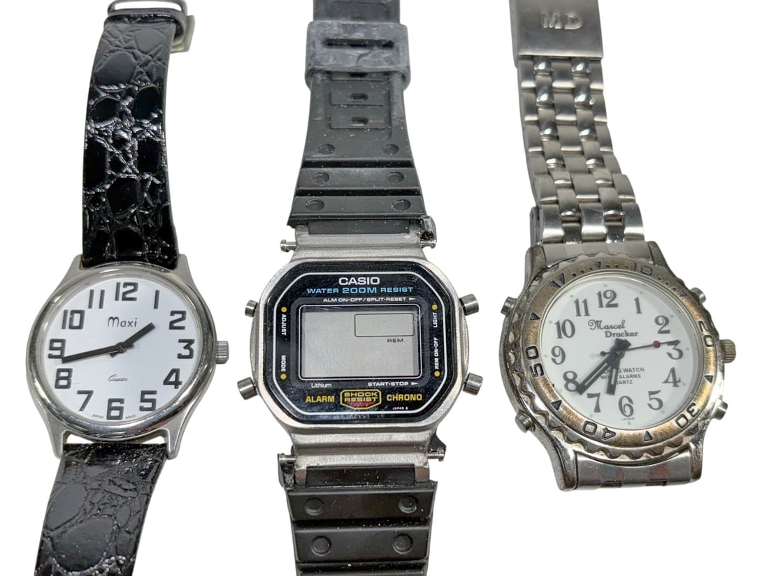 Casio, Maxi & Marcel Drucker Watches 3pc LOT: Three-piece lot of wristwatches including a Casio digital quartz watch with rectangular display, black resin band, alarm, chronograph and 200M water-resist markings; a Swiss-made Maxi quartz