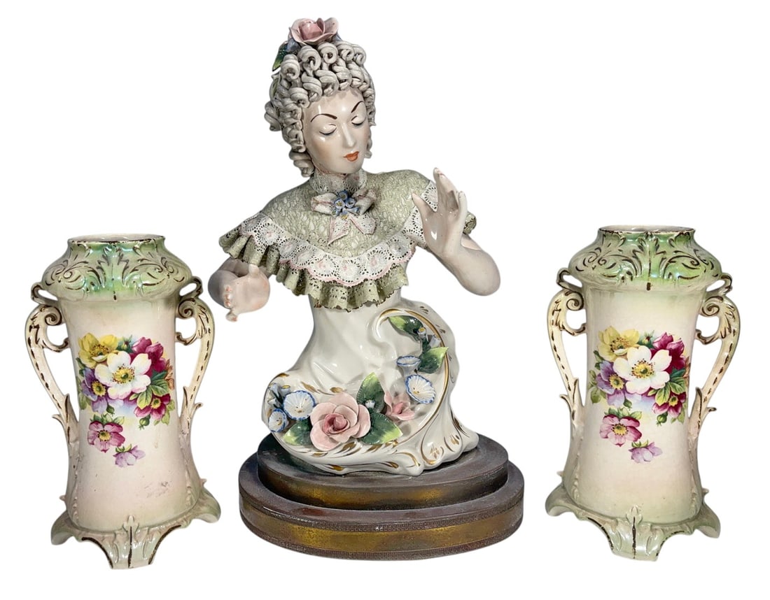 Porcelain Lady Bust & Pair of Floral Vases 3pc LOT (1 of 11)