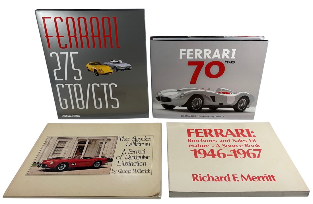 Assorted Ferrari Automotive Reference Books 4 pcs: Four-book LOT of Ferrari automotive reference and collector books. Includes Ferrari 275 GTB/GTS by Automobilia, The Spyder California: A Ferrari of Particular Distinction by George M. Carrick,