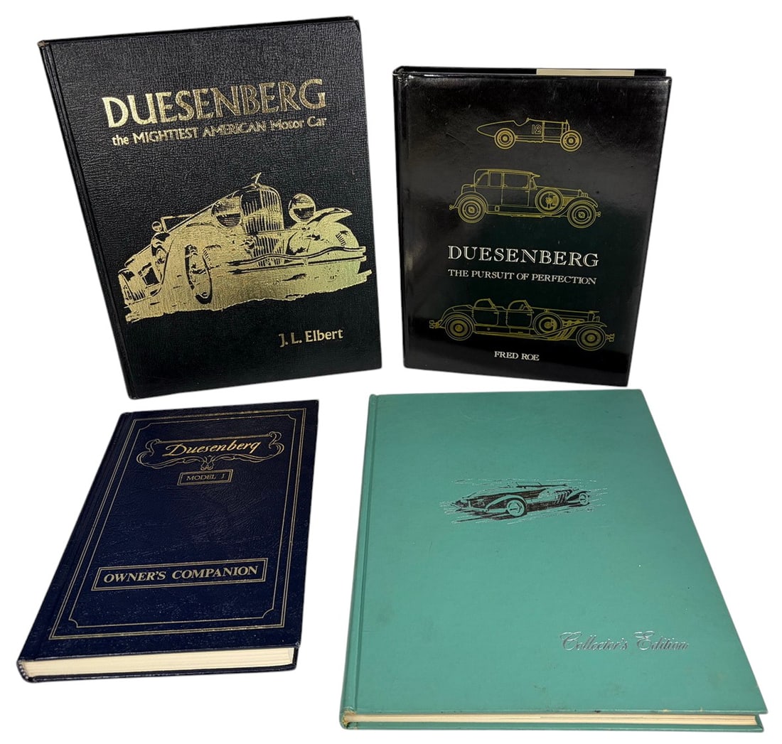 Assorted Duesenberg Collector Books 4pc LOT: A group of four collector reference books devoted to Duesenberg automobiles. Includes Duesenberg: The Mightiest American Motor Car by J. L. Elbert, Duesenberg: The Pursuit of Perfection by Fred Roe, D