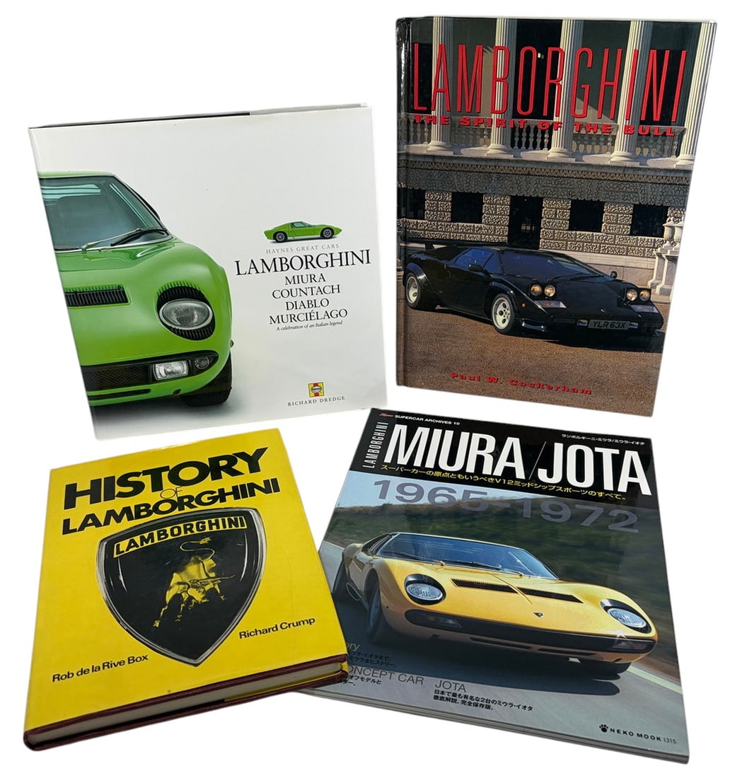 Assorted Lamborghini Miura & History Books 4pc LOT: A collection of four illustrated Lamborghini automotive books covering the history, design, development, and iconic models of the celebrated Italian marque. The group includes Lamborghini: The Spirit 