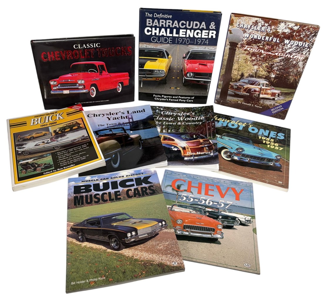 Assorted Classic American Automobile Books 9pc LOT: A group of nine illustrated reference books devoted to classic American automobiles, including Chevrolet, Buick, Chrysler, Plymouth, Dodge, and American muscle cars. Titles include The Definitive