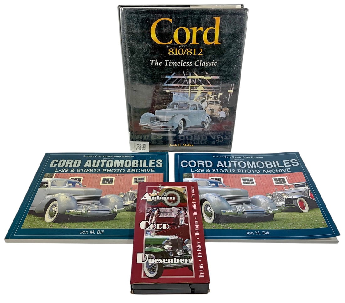 Auburn Cord Duesenberg Books & VHS, 4pc LOT: Four-piece LOT relating to Auburn, Cord, and Duesenberg automobiles, comprising three reference books and one VHS video. Includes two copies of Cord Automobiles L-29 & 810/812 Photo Archive by Jon M.