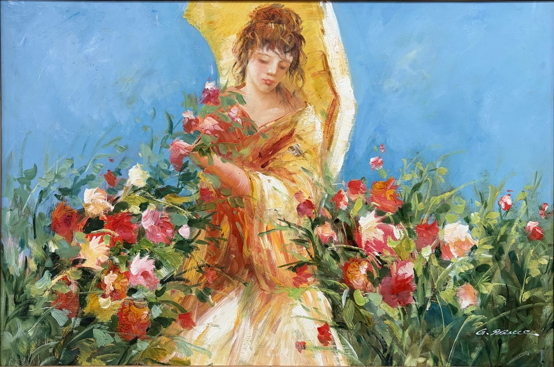 G. Bruce French Impressionist Woman Oil on Canvas: Original oil on canvas painting signed lower right G. Bruce, depicting a young woman seated among abundant flowering plants and holding a bouquet of blossoms. Executed in a romantic French Impressioni