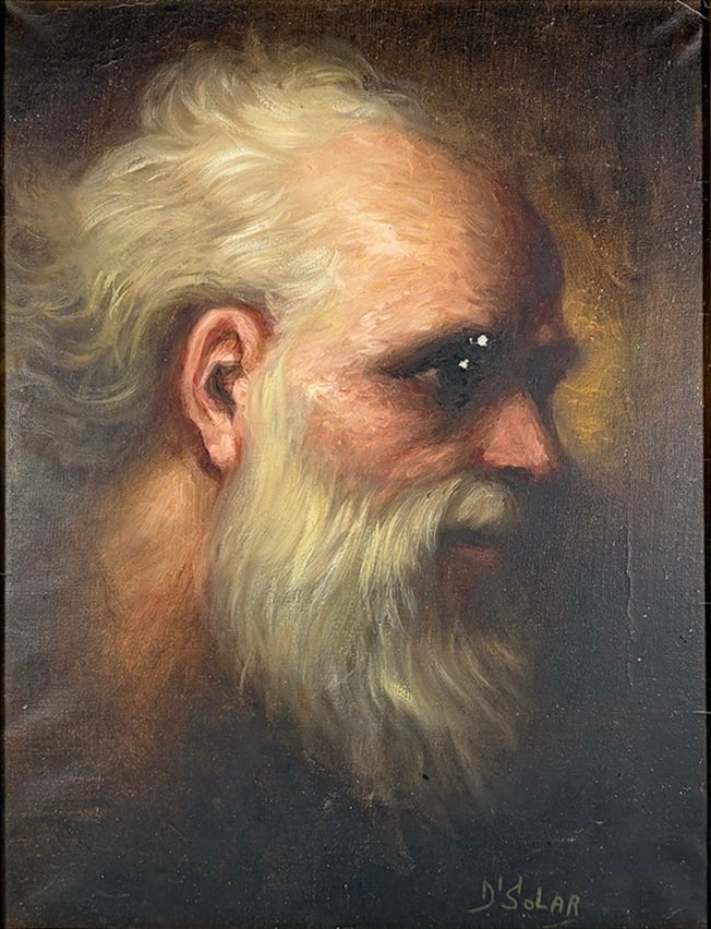 Signed 20th C. Oil Portrait of Bearded Man Framed: A 20th-century oil on canvas portrait depicting an elderly bearded man in profile. Signed lower right, with the signature appearing to read J. Solar. Presented in an ornate gilt composition frame with