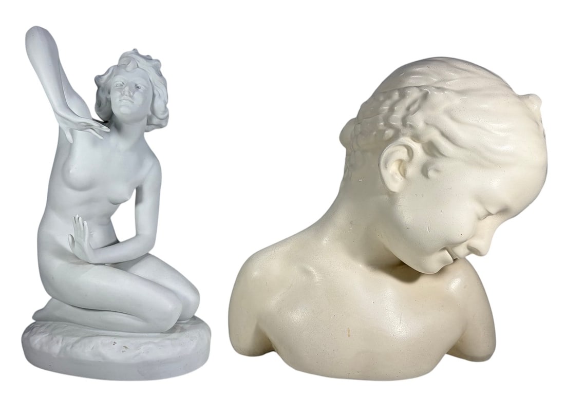 Otto Poertzel Bisque & Ceramic Figures 2pc LOT: Two-piece lot of female figural sculptures. Comprising a white bisque porcelain seated female figure by Professor Otto Poertzel, modeled with one arm raised and bearing an impressed Prof. Poertzel sig