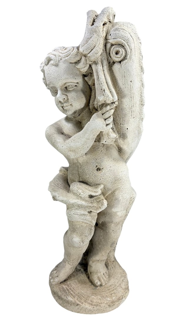 Limestone Cherub & Dolphin Fountain Sculpture: Carved limestone sculpture depicting a standing cherub or putto embracing a stylized dolphin or sea creature, raised on an integral circular base. The piece features classical-inspired detailing and a