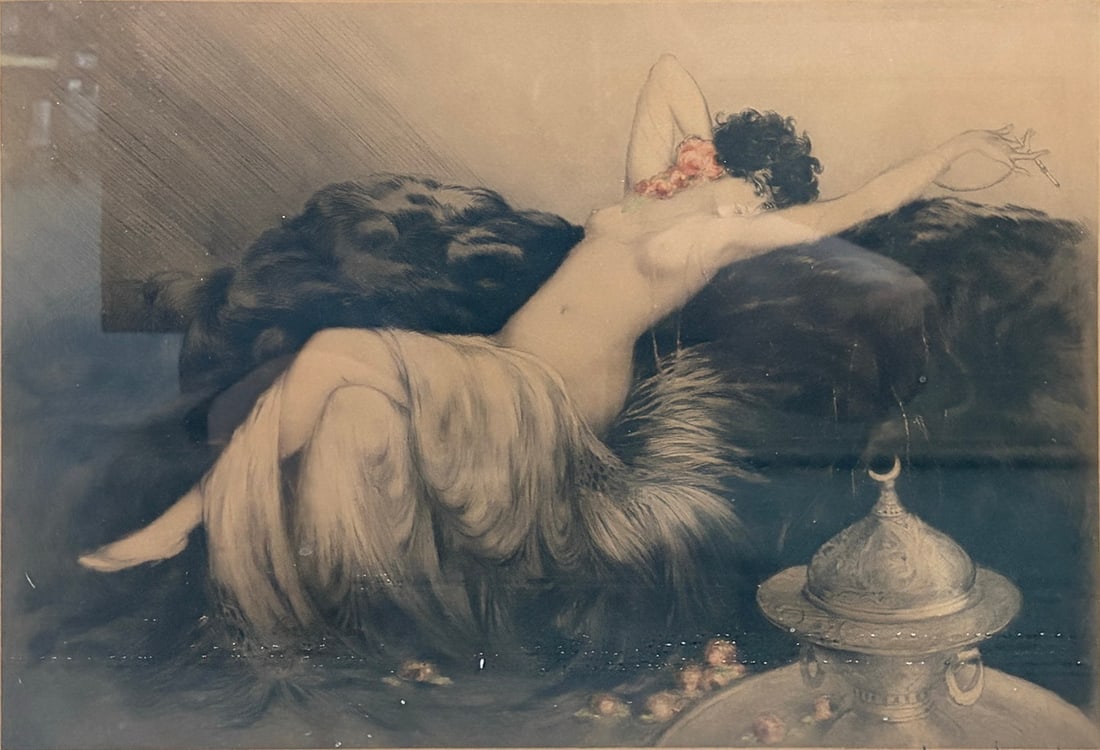 Louis Icart (French, 18881950) Nude Woman Etching: Louis Icart (French, 18881950), Nude Woman Reclining, circa 1920s1930s. Etching on paper depicting a reclining nude woman resting against dark fur cushions. Signed by Louis Icart in the lower right. P