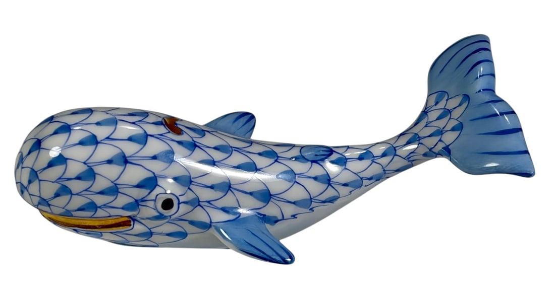Herend First Edition Blue Fishnet Whale Figure (1 of 4)