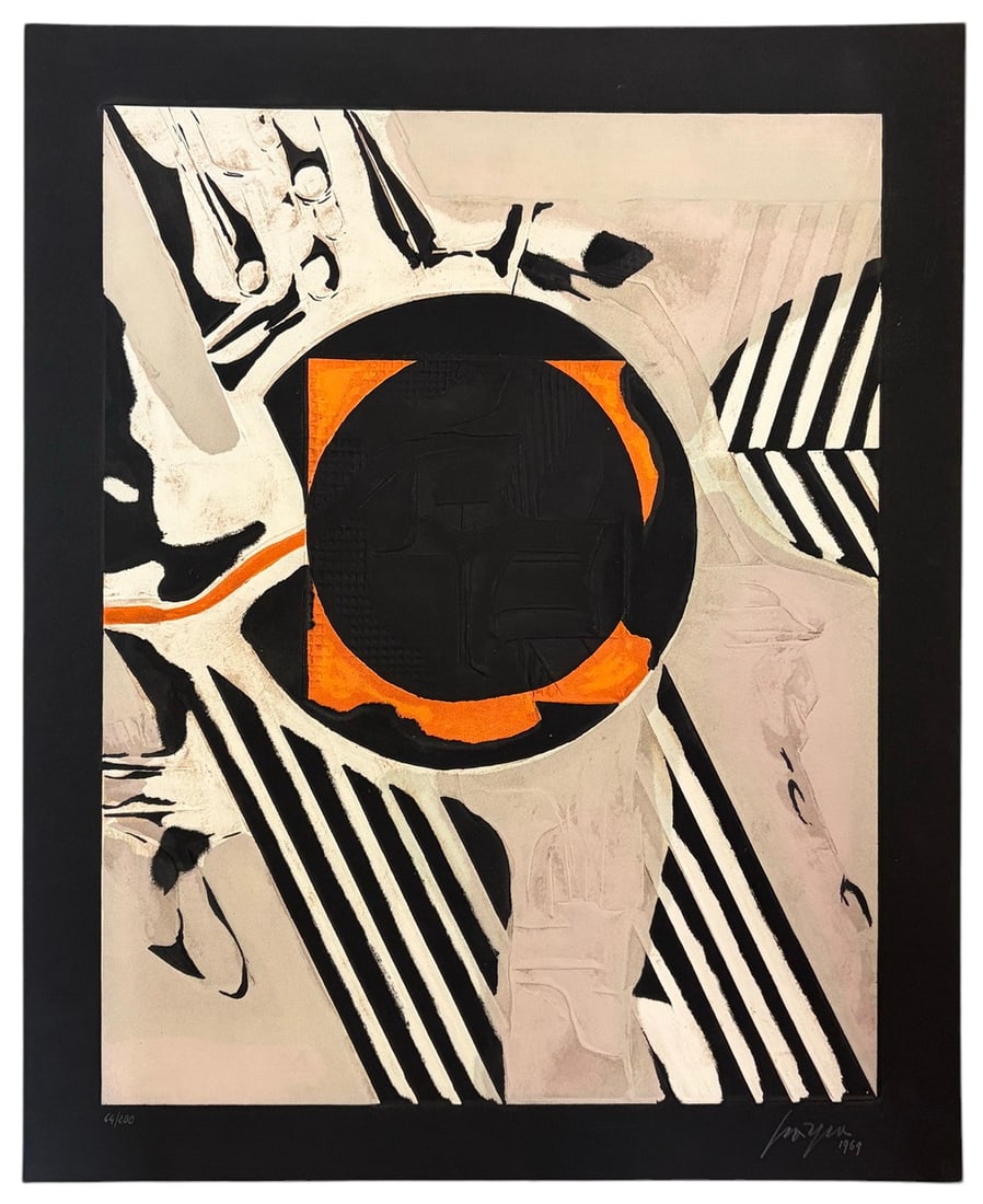 Gino Scarpa (1924-2022) 1969 Signed Aquatint: Abstract aquatint, etching and carborundum on black paper by Italian artist Gino Scarpa (1924-2022), dated 1969. Bold black, white, gray and orange composition with textured and geometric elements. Si