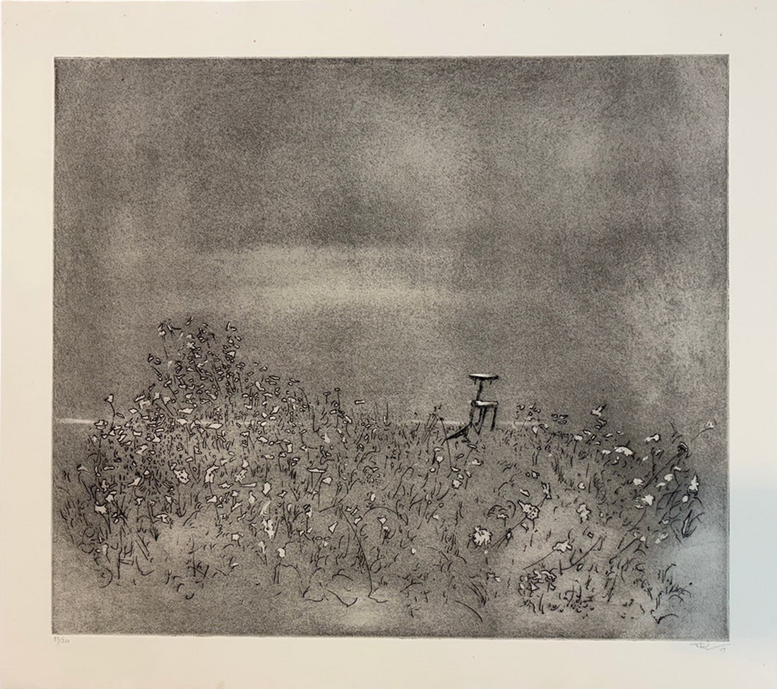 Peter Takal (1905-1995) Signed Aquatint 89/210: American artist Peter Takal (1905-1995) monochrome aquatint on paper depicting a sparse, atmospheric landscape with delicate vegetation and a small central structural form.Signed in pencil at the lowe