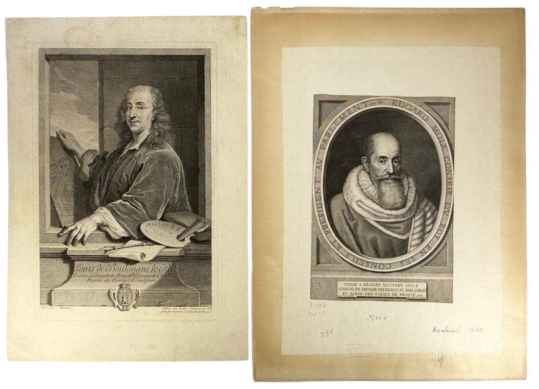 Louis Surugue (16861762) French Engraving 2pc LOT: Pair of French portrait engravings. One depicts Mathieu Mole (15841656), a prominent French magistrate and statesman, with a handwritten notation Nanteuil 1653. The second depicts French painter Louis