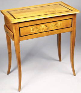 A Fine French Desk: Rectangular table in cherry wood inlaid with marquetry, opening to a drawer on one side, resting on arched legs. 18th century.Height: 2 1/8 feet, Length: 2 feet, Depth: 1 1/2 feet.