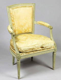 A French Armchair: White coated armchair. 17th century. 33 1/2 inches x 23 1/2 inches x 18 1/2 inches