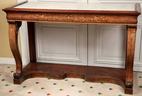 A Fine Wood Console: Mahogany console with wood marquetry and white marble on top. 19th century. 36 inches x 58 inches x 24 inches