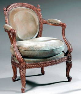 A Fine Chassis Armchair: Chair with cabriolet backrest and curved legs. Louis XVI style. 31 inches x 26 inches x 19 inches