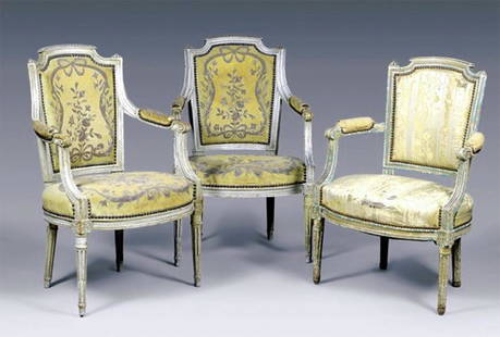 A Group of Armchairs: Chairs with armrest cuffs and tapered feet. Late 18th century. Highest: 34 inches.