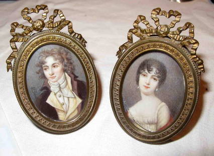 Two Portraits: Oval miniatures. Gilt wood frames. English school. 19th century. Height: 2 inches