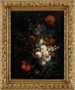 A Framed Still Life Painting: Old master, flower still life. Oil on canvas. 19th century. 31 inches x 25 inches