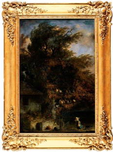 An English School Painting: Oil on canvas. Farmyard scene. 19th century. 26 inches x 17 inches