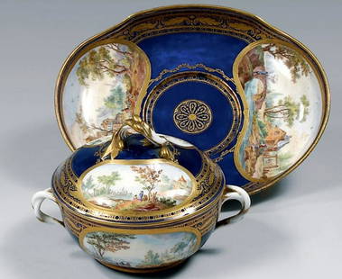 A Set of Porcelain Servers: Gilt dish and covered bowls with medallions and blue enamel ground. Dish Size: 7 inches x 9 inches