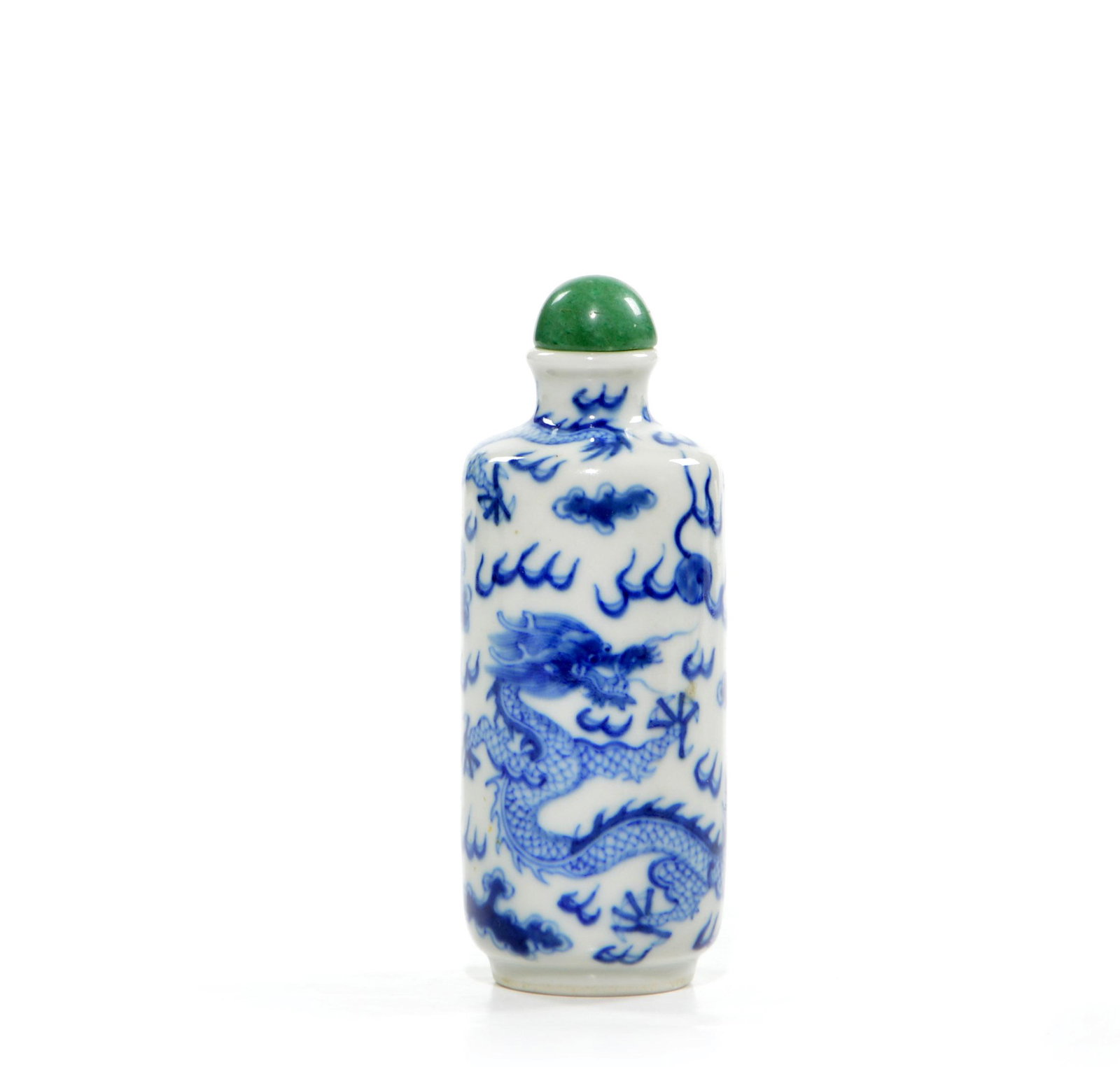 A Chinese Blue and White Snuff Bottle: Bottle decorated with dragons, Guangxu mark and of the period. H: 4 INCH, 10 CM