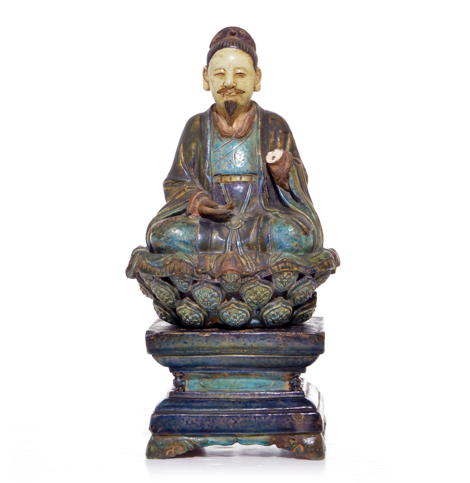 A Very Rare Fahua Porcelain Statuette: Finely moulded Taoism figure, one hand missing, Ming dynasty. H: 37 CM, 14 1/2 INCH