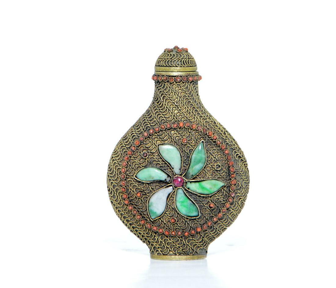 A Chinese Copper and Jadeite Snuff Bottle (1 of 3)