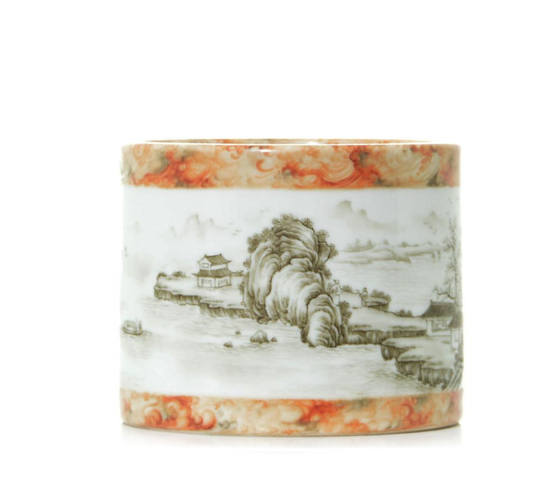 A Fine Chinese Famille Rose Brush Pot: Sturdily potted and depicting a continuous landscape scene in russet enamel, bordered with faux bois background, gilt Yongzheng mark on base. H: 10 CM, 4 IN