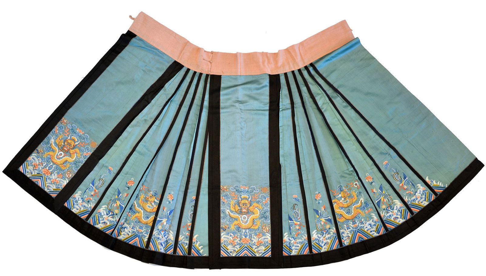 Rare Chinese 'Dragon and Phoenix' Silk Skirt: Decorated with various type of forbidden stitches, 1850s, Qing dynasty. H: 37 IN