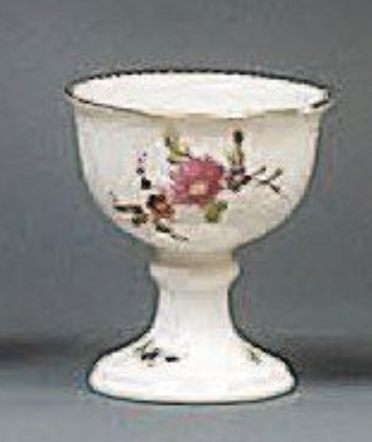 Egg Cup: Cup on pedestal with polychrome decoration of bouquets of flowers, gold serrated line on the upper edge. H. 5.1 cm