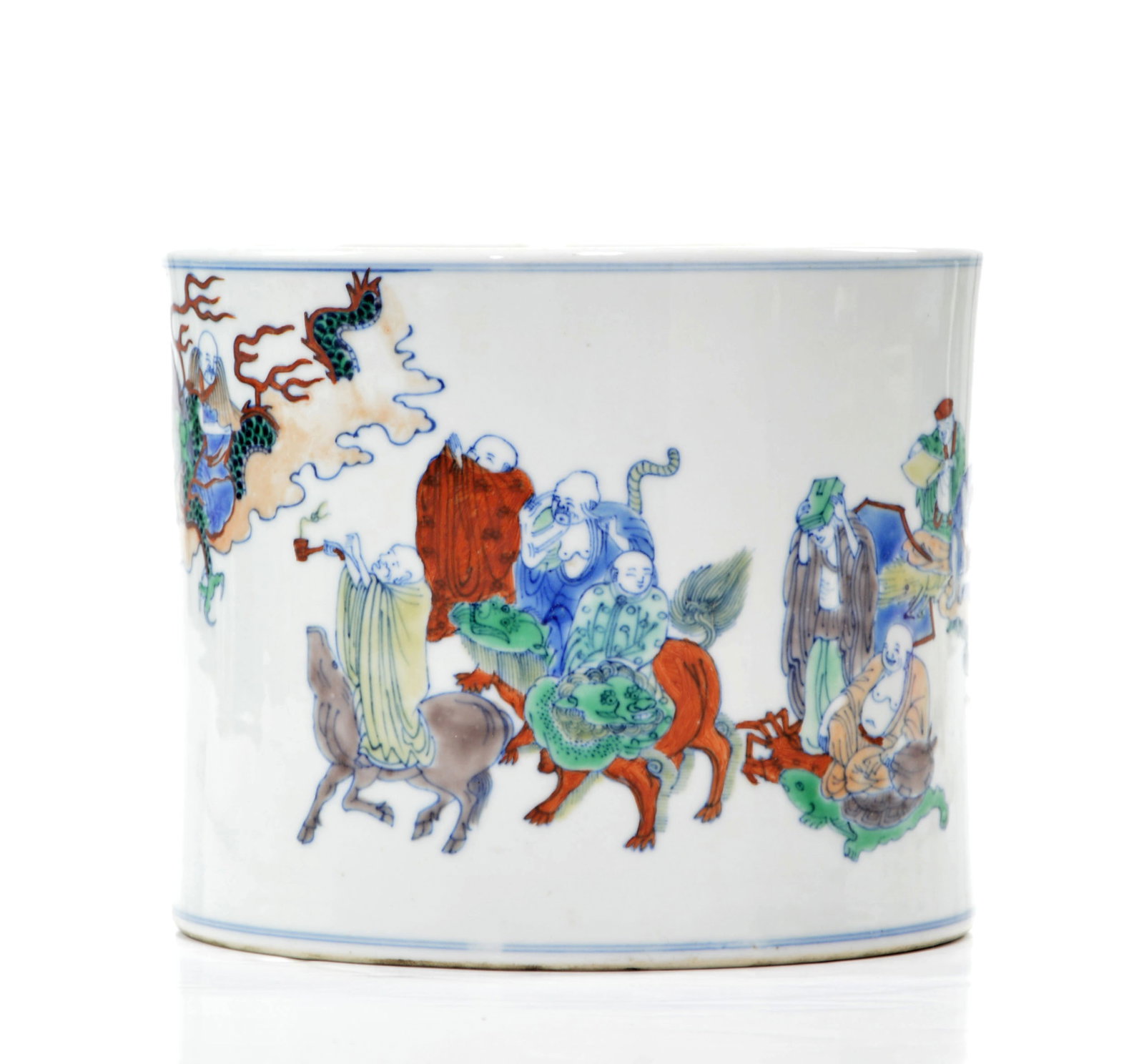 Chinese Buddhism Brush Pot: Decorated with Arhat painted in bright enamels, Kangxi mark on base. D: 19 CM, 7 1/2 in