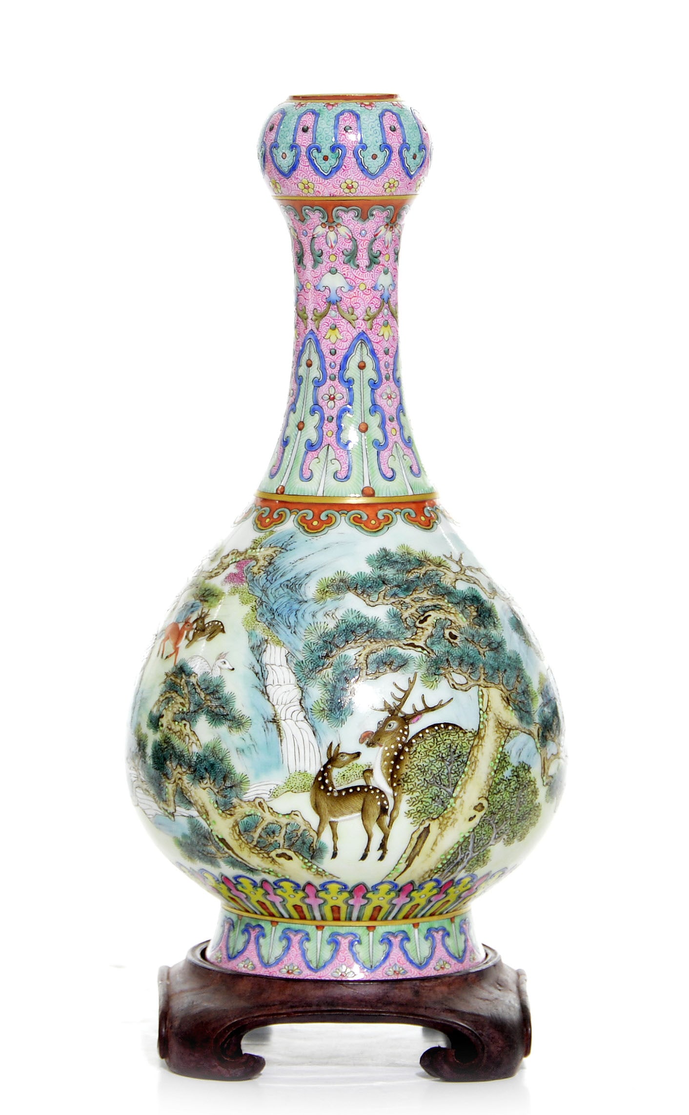 An Extremely Rare and Fine Falangcai-Style Deer Vase: Finely potted pear-shaped body supported by a flared foot and reaching a high narrow neck ending in a bulb surmounted by a short straight edge, exterior is superbly painted with a continuous scene of 