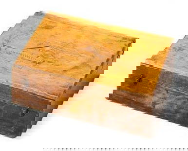 Wooden Box: Carved wooden sewing box with chalet decor. 11 x 36 x 27 cm