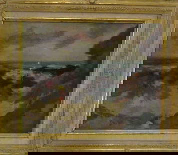 Framed Paint: Scene of night time beach. 22 x 27 cm