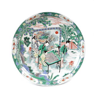 Large Chinese Kangxi Famille Verte Desh: Depicting court ladies playing chess in the garden, Kangxi hall mark. D: 41.5 CM, 16 1/8 IN
