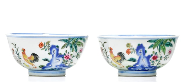 Pair of Famille Rose 'Rooster' Bowls