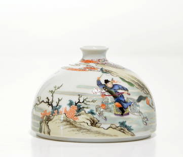 Fine Chinese Famille Rose Beehive Brush Pot: Decorated with a continuous scene of Three-Kingdom warriors in bright enamels, Yongzheng mark. D: 13 CM, 5 IN Private collection of a British estate, Dallas, Texas.